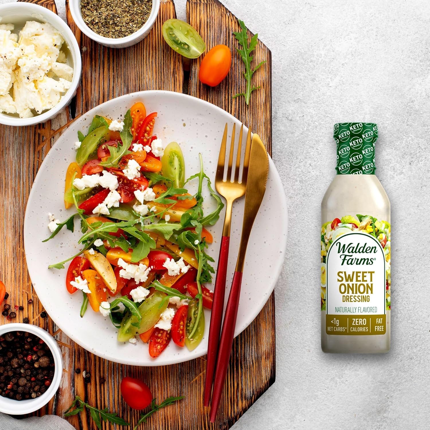 Walden Farms Sweet Onion Dressing bottle closeup notes zero fat and zero sugar benefits.