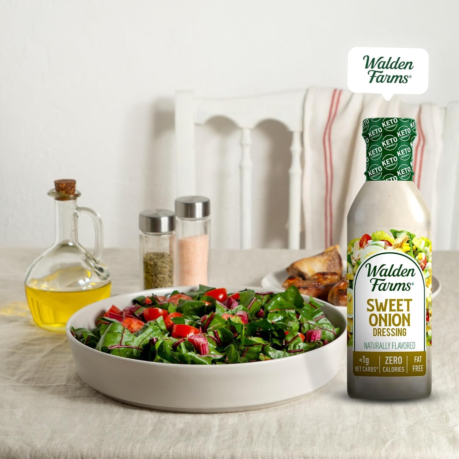Walden Farms Sweet Onion Dressing kitchen scene emphasizes gluten-free, dairy-free convenience.