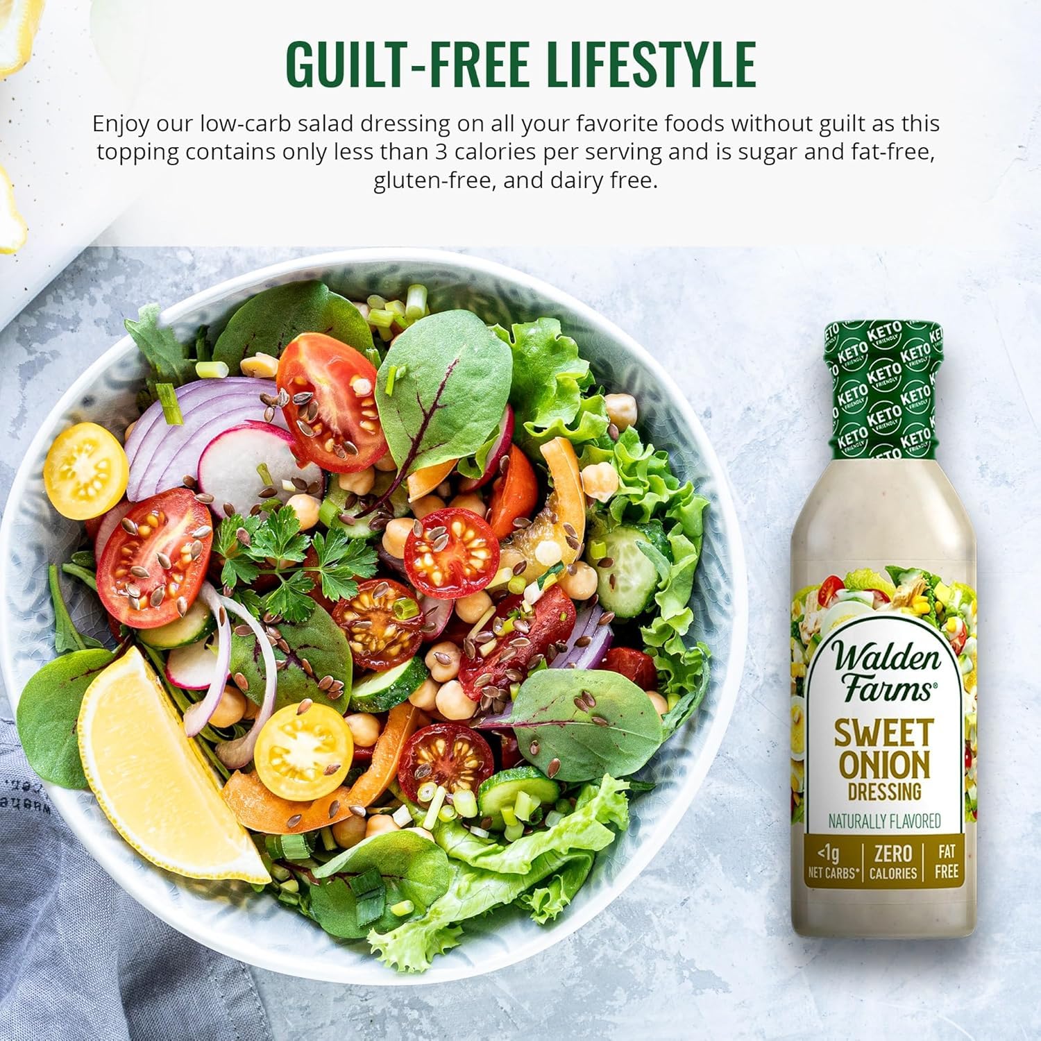 Walden Farms Sweet Onion Dressing label closeup highlights dairy-free and vegan-friendly attributes.