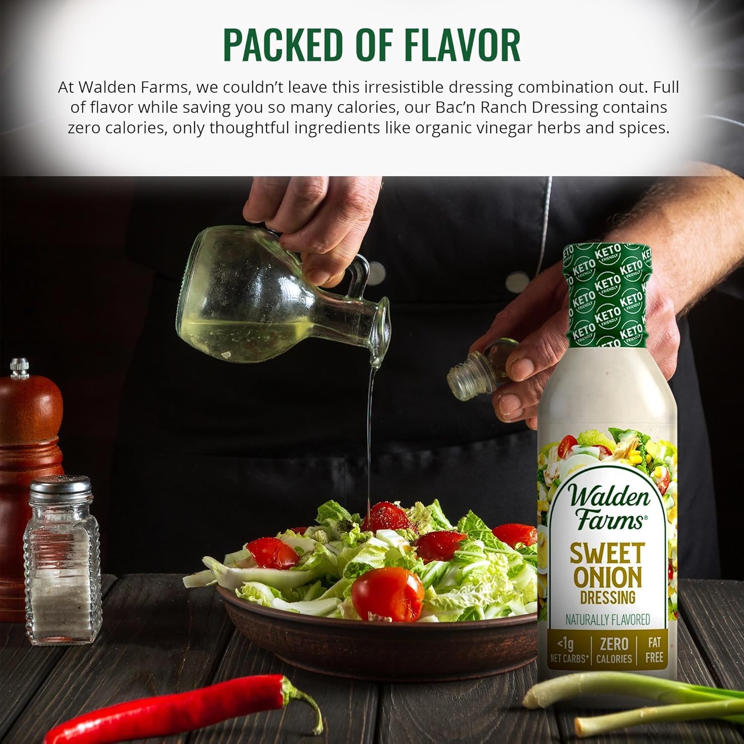 Walden Farms Sweet Onion Dressing pouring into a bowl for fresh, zero-sugar salads.