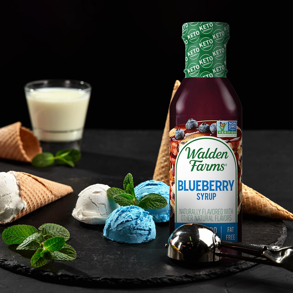 Walden Farms Syrup label close-up reveals zero net carbs and vegan ingredients.