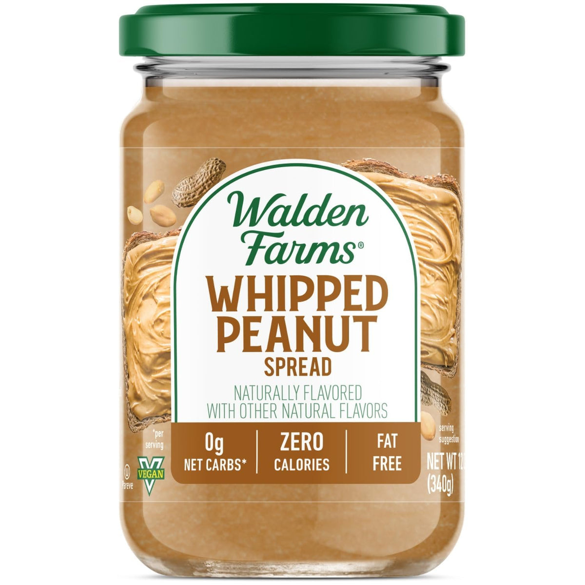 Walden Farms Whipped Peanut Spread bottle close-up, zero-calorie topping for light snacking