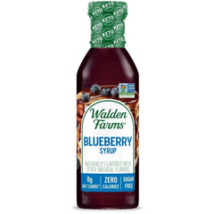 Walden Farms Blueberry Syrup bottle close-up for zero-calorie pancake topping.