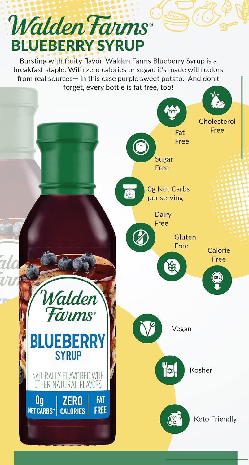 Pancakes drizzled with Walden Farms Blueberry Syrup, glossy and natural-tasting.