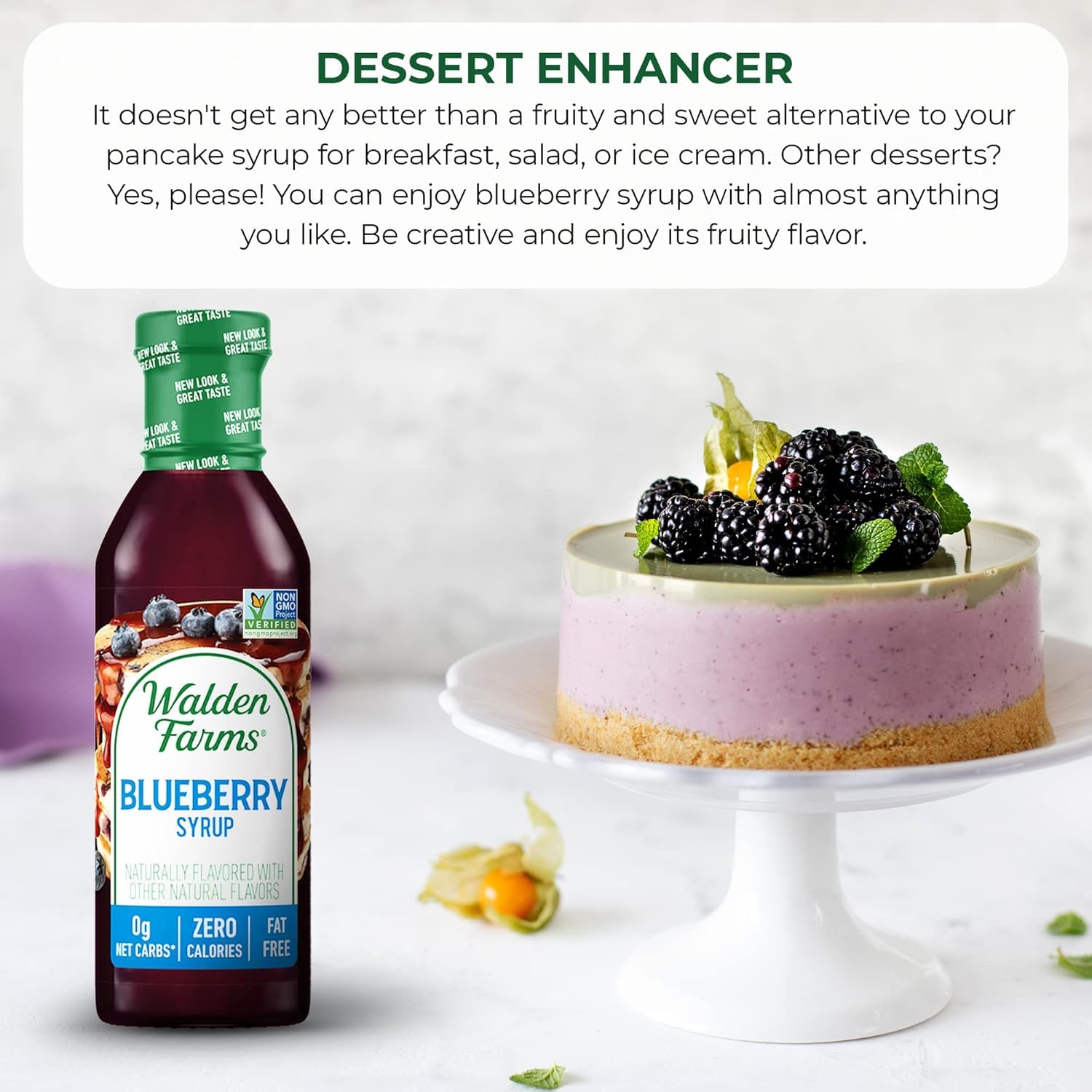 Walden Farms Blueberry Syrup over yogurt for fruity, keto-friendly dessert.