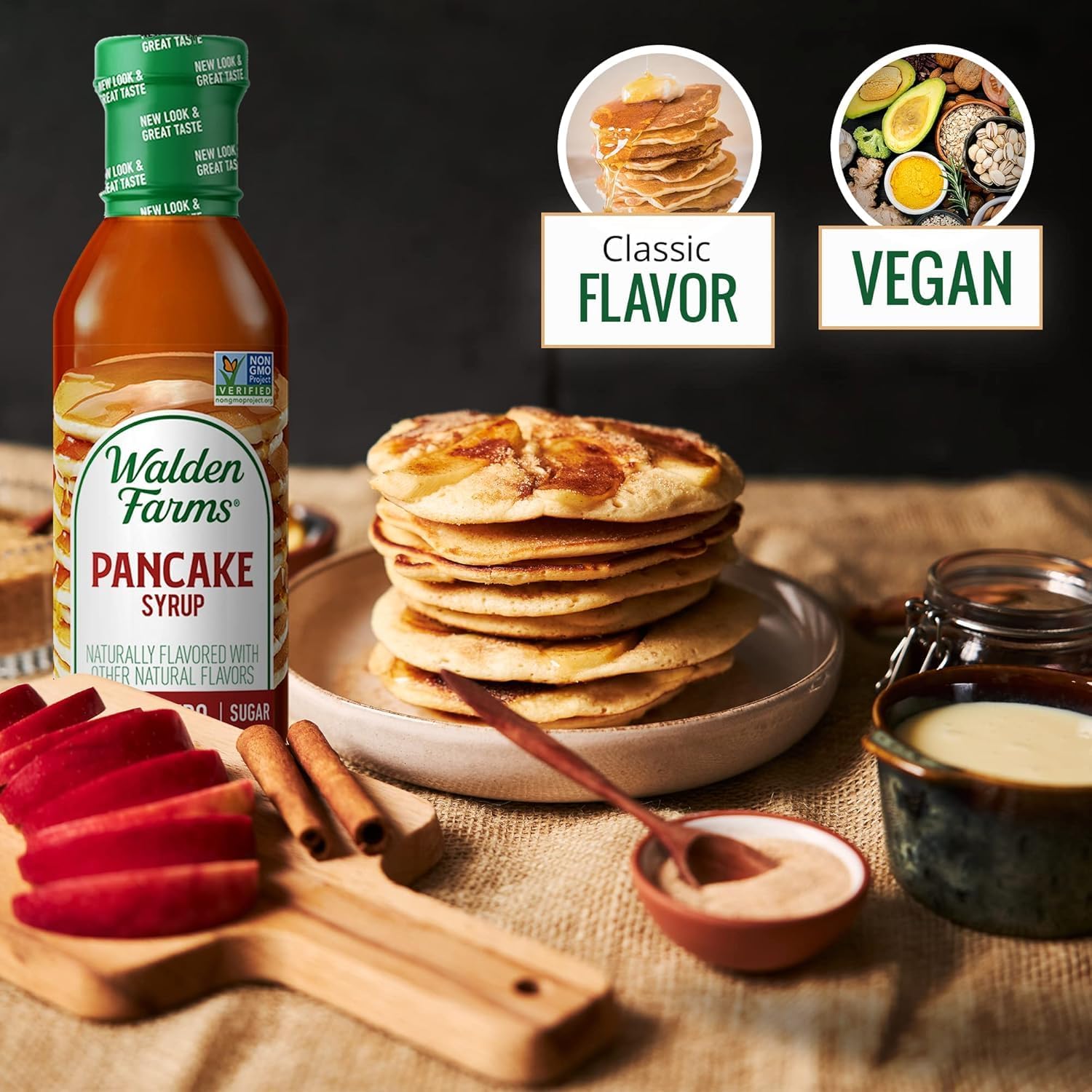 Walden Farms Pancake Syrup glass serving shows versatile topping option.