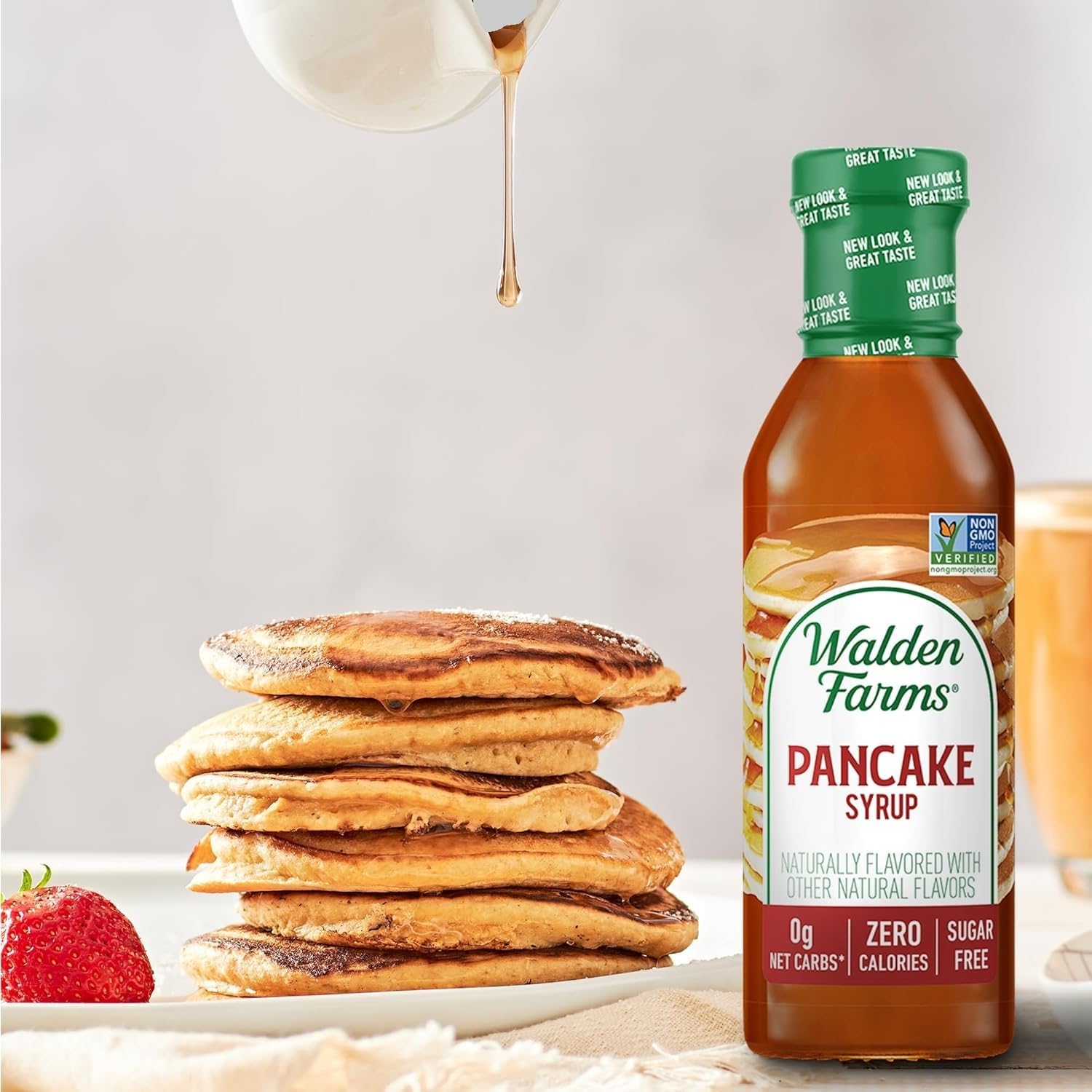 Walden Farms Pancake Syrup label close-up highlights Vegan and Gluten-Free signals.