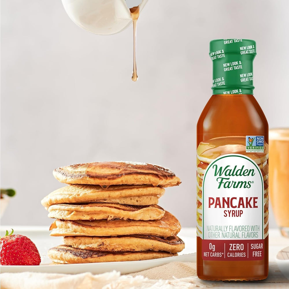 Walden Farms Pancake Syrup label close-up highlights Vegan and Gluten-Free signals.