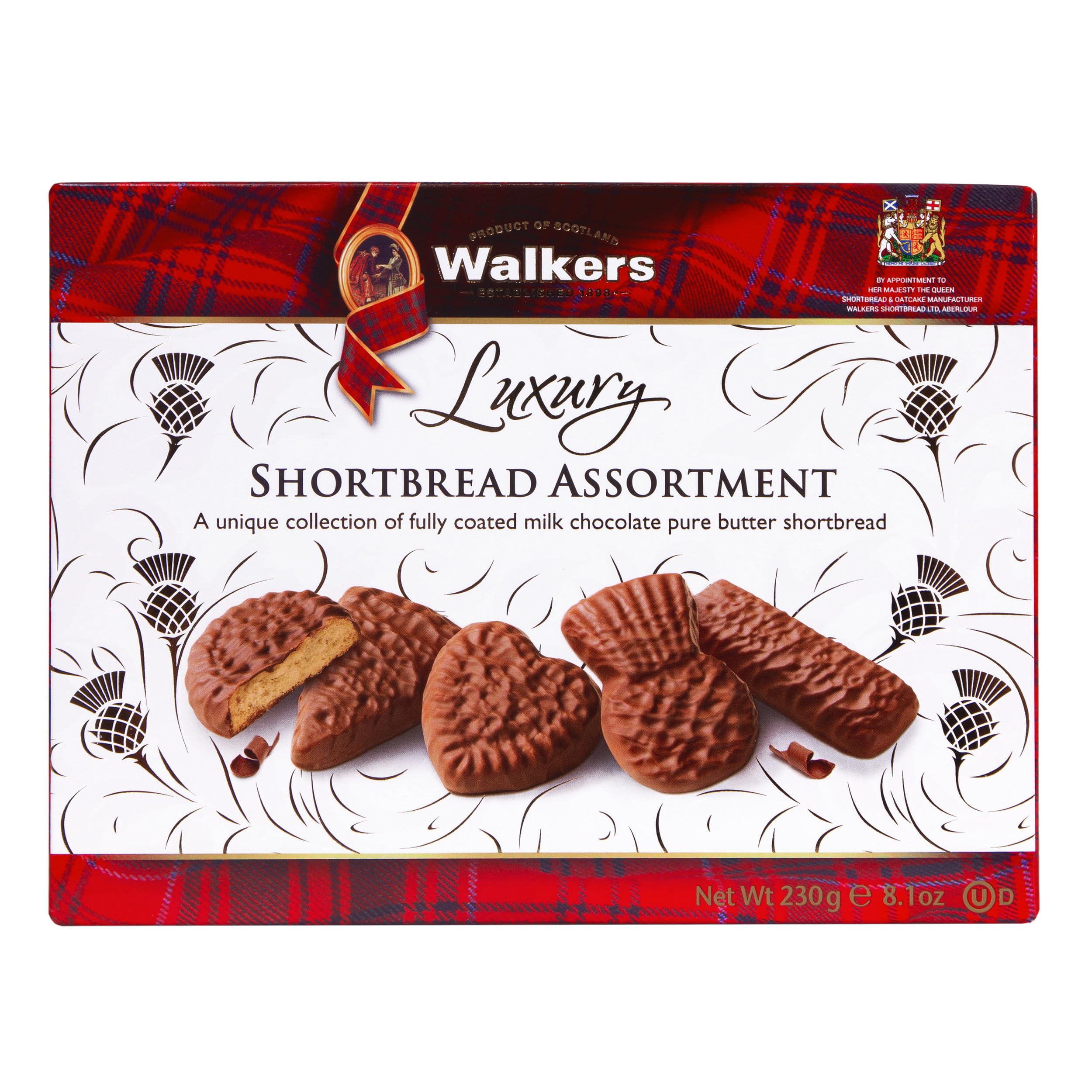 Walkers chocolate shortbread assortment box front view, premium holiday gift presentation.