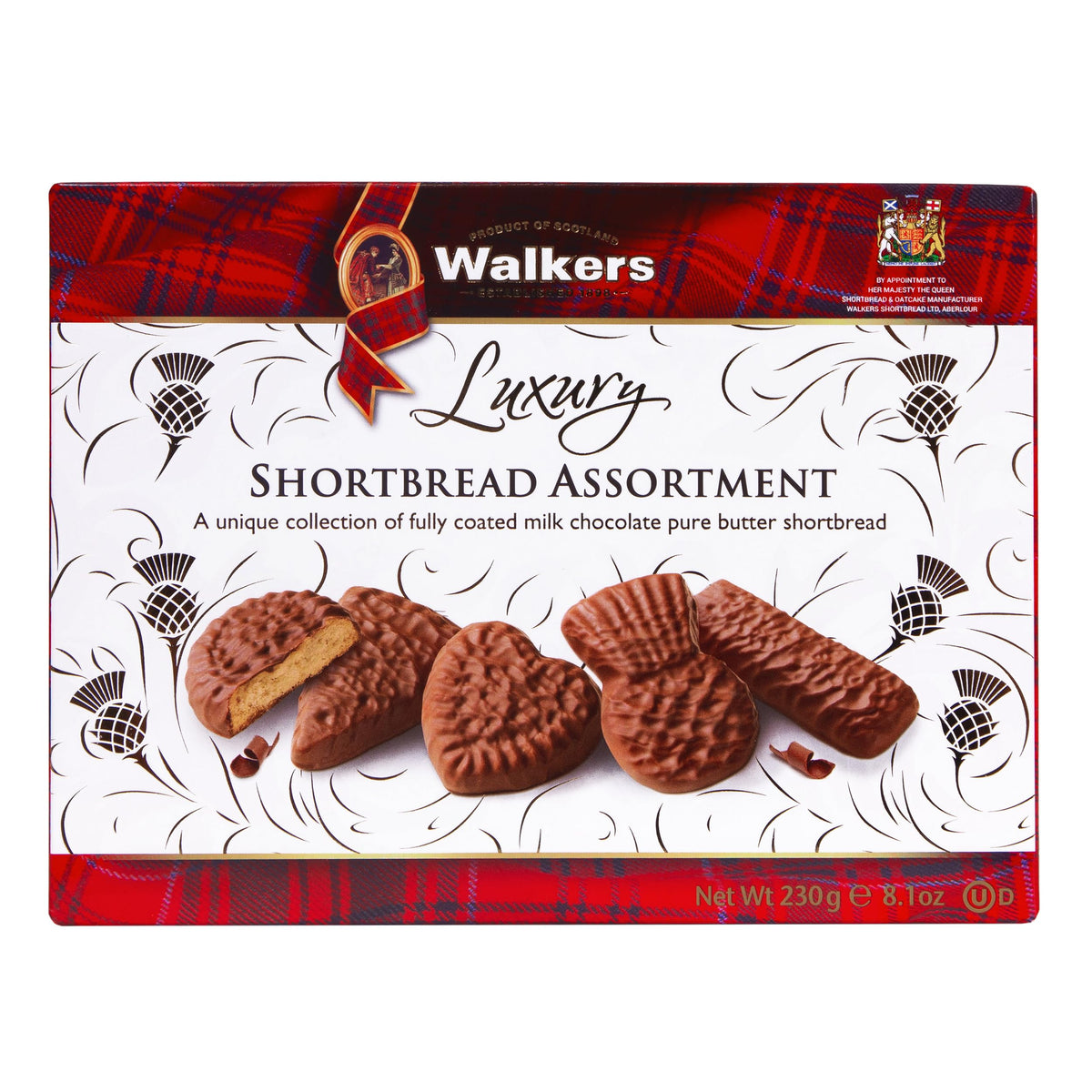 Walkers chocolate shortbread assortment box front view, premium holiday gift presentation.