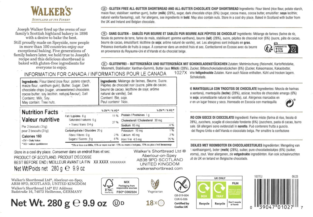 Walkers gluten-free chocolate chip shortbread offers a delightful bite for celebrations