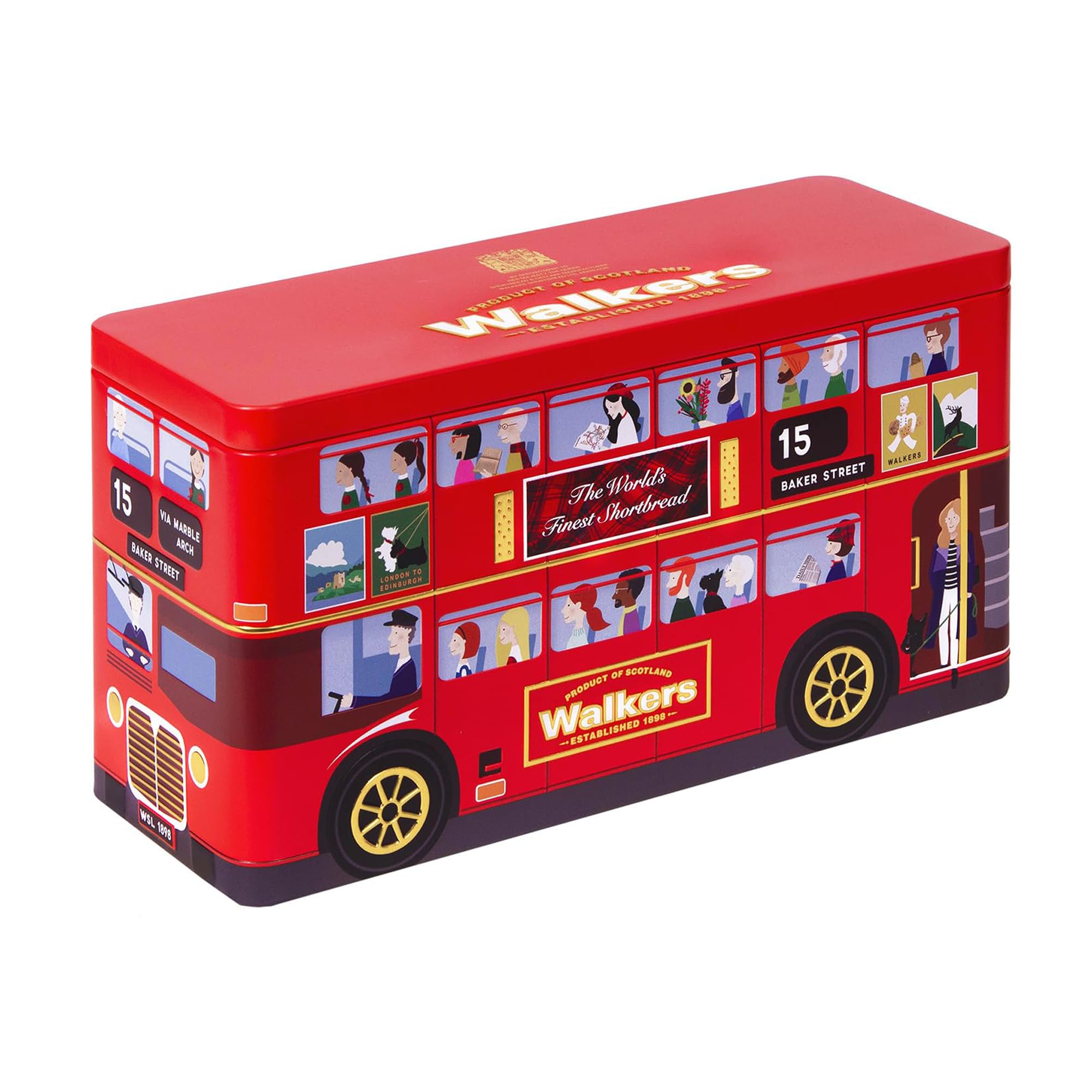 Walkers London Bus Tin front view highlights a giftable commemorative package, perfect for gifting.
