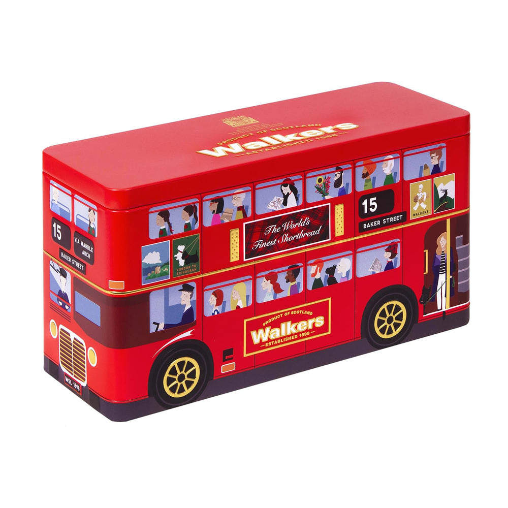 Walkers London Bus Tin front view highlights a giftable commemorative package, perfect for gifting.