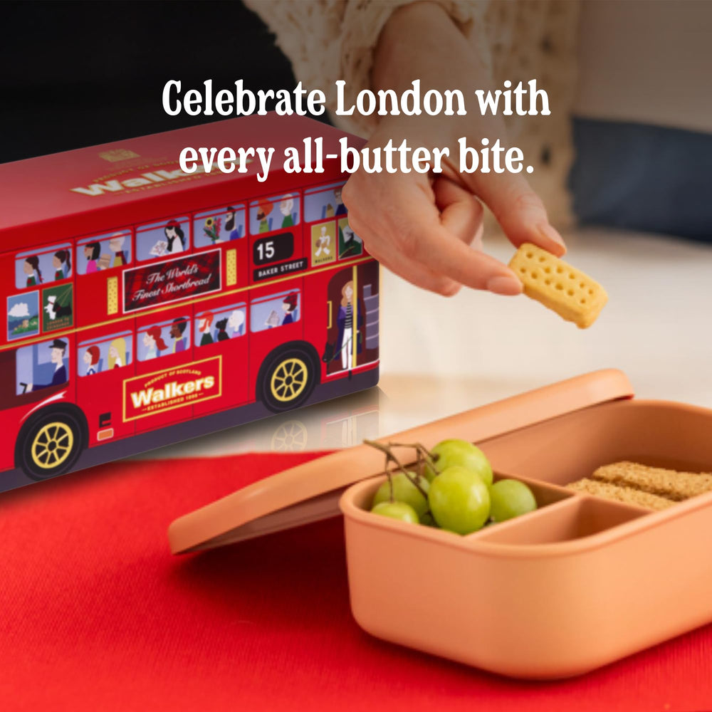 Walkers London Bus Tin logo close-up emphasizes heritage and traditional Scottish recipe.