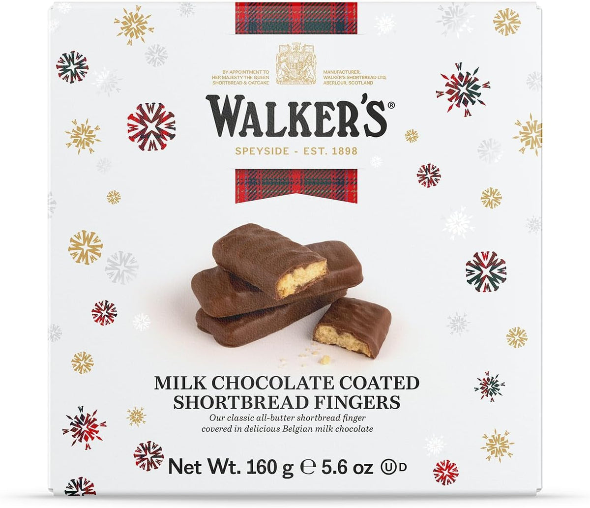 Walkers milk chocolate coated shortbread fingers in an 8-count box—perfect for gifting.