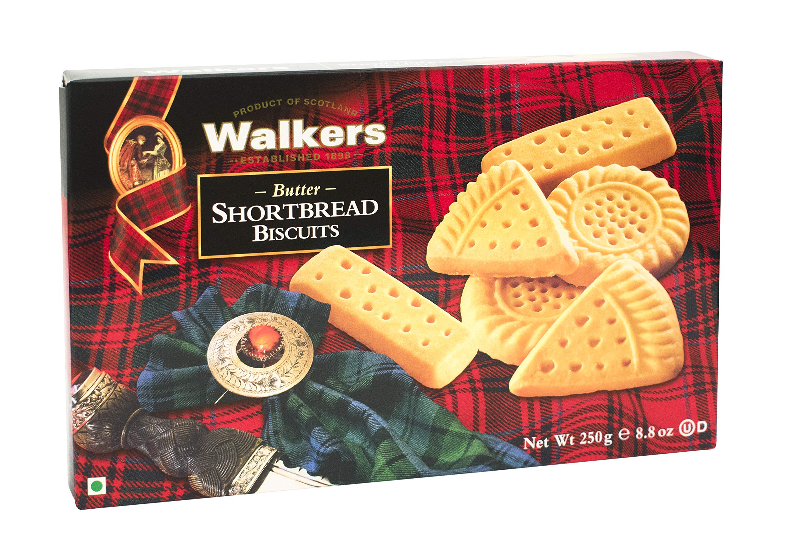 Walkers shortbread assorted box open, reveals buttery layers and crumbly textures.
