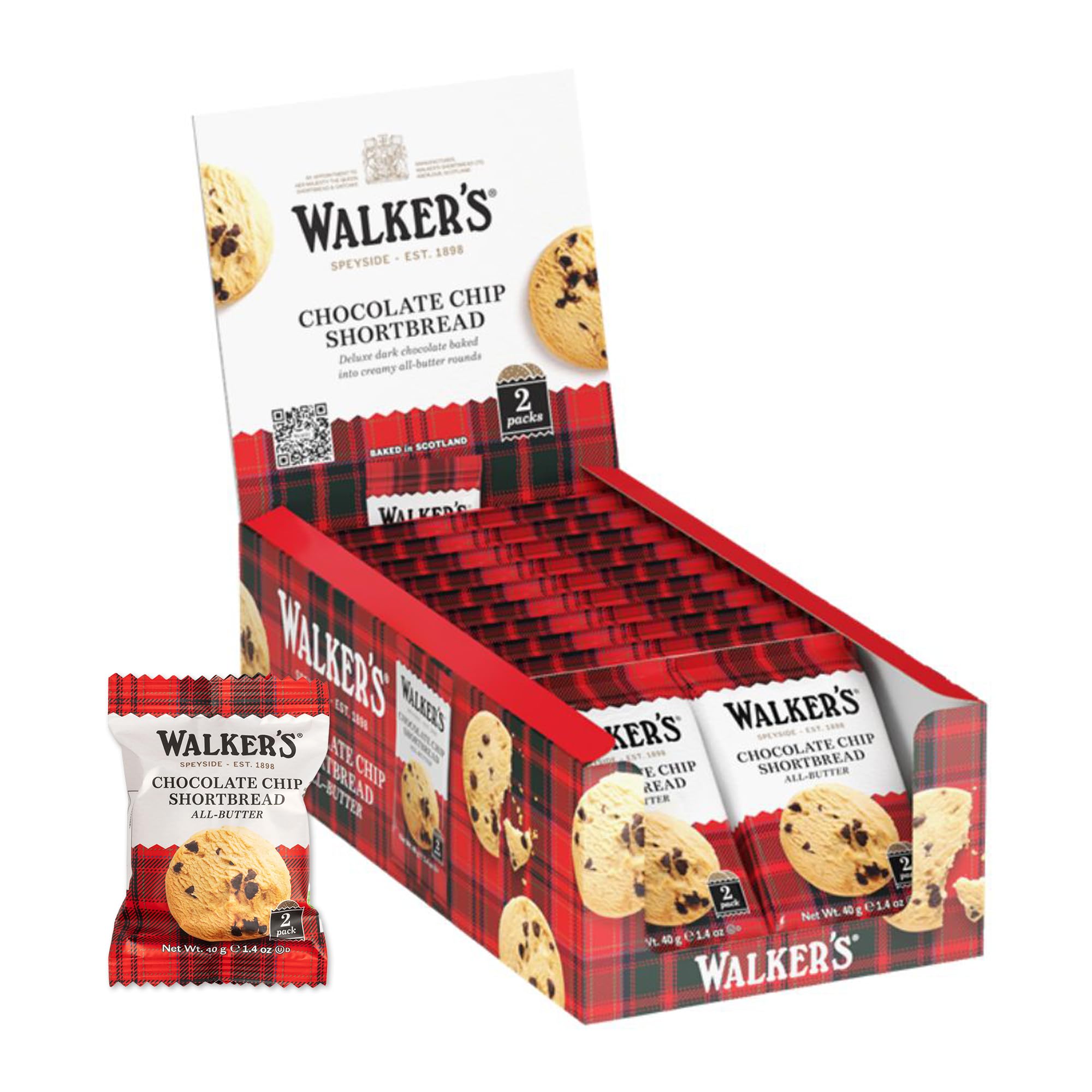 Walkers shortbread chocolate chip cookies 2-pack for on-the-go snacking and tea breaks.