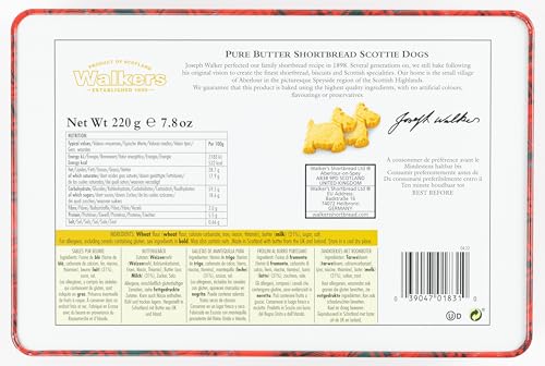 Walkers Shortbread Scottie dog tin back view, gift packaging details.
