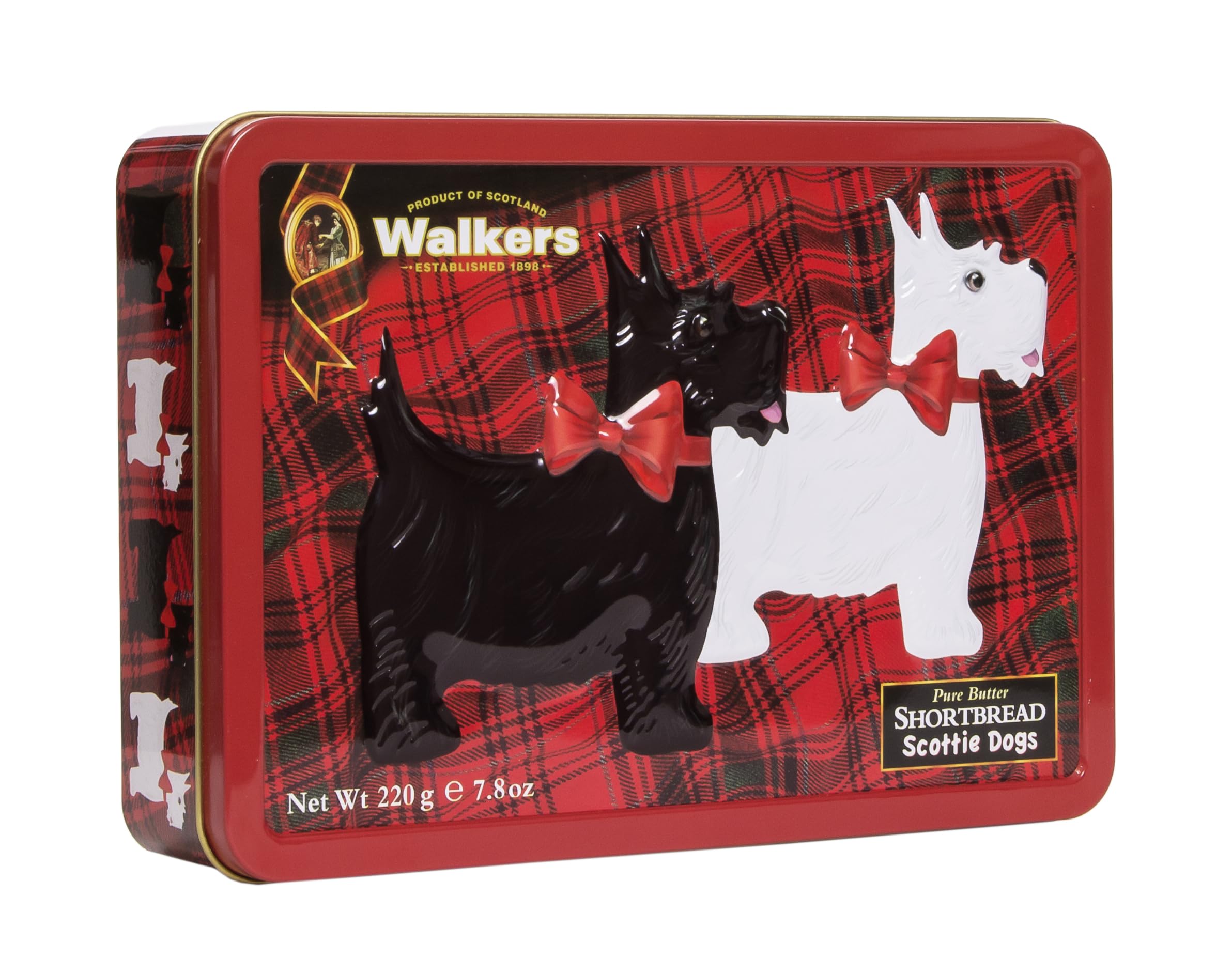 Walkers Shortbread Scottie dog tin front view, charming gift for dog lovers.