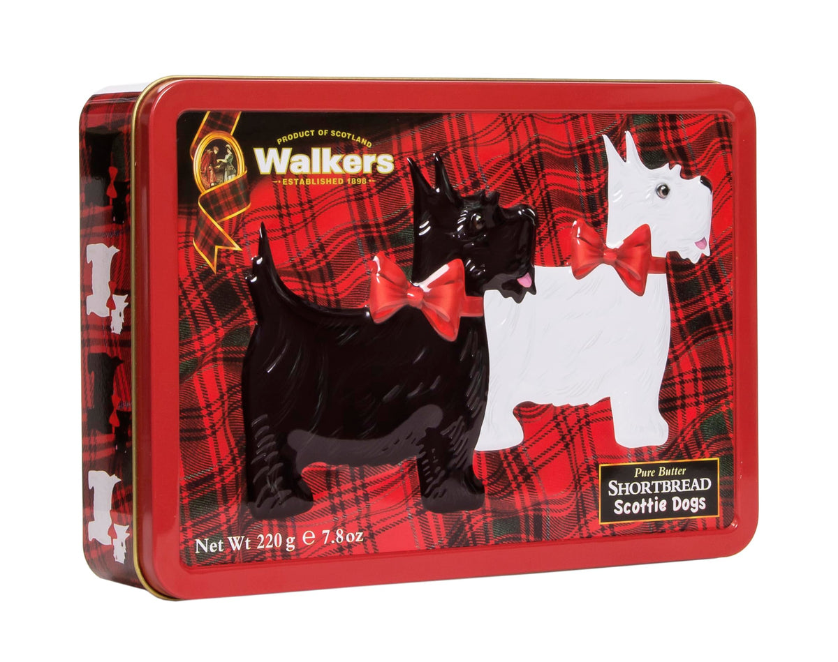 Walkers Shortbread Scottie dog tin front view, charming gift for dog lovers.
