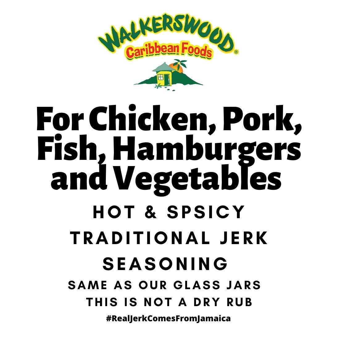 Walkerswood jerk seasoning label closeup highlights authentic Caribbean spice blend.