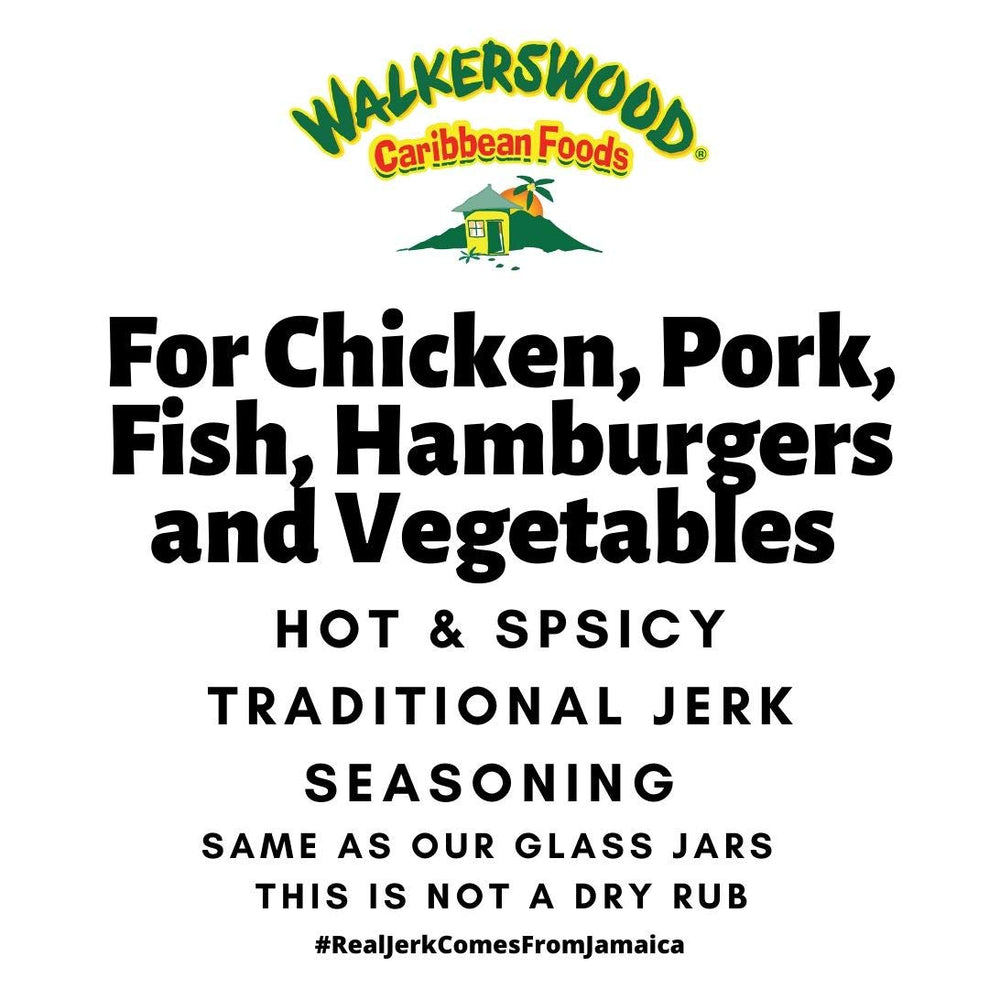 Walkerswood jerk seasoning label closeup highlights authentic Caribbean spice blend.