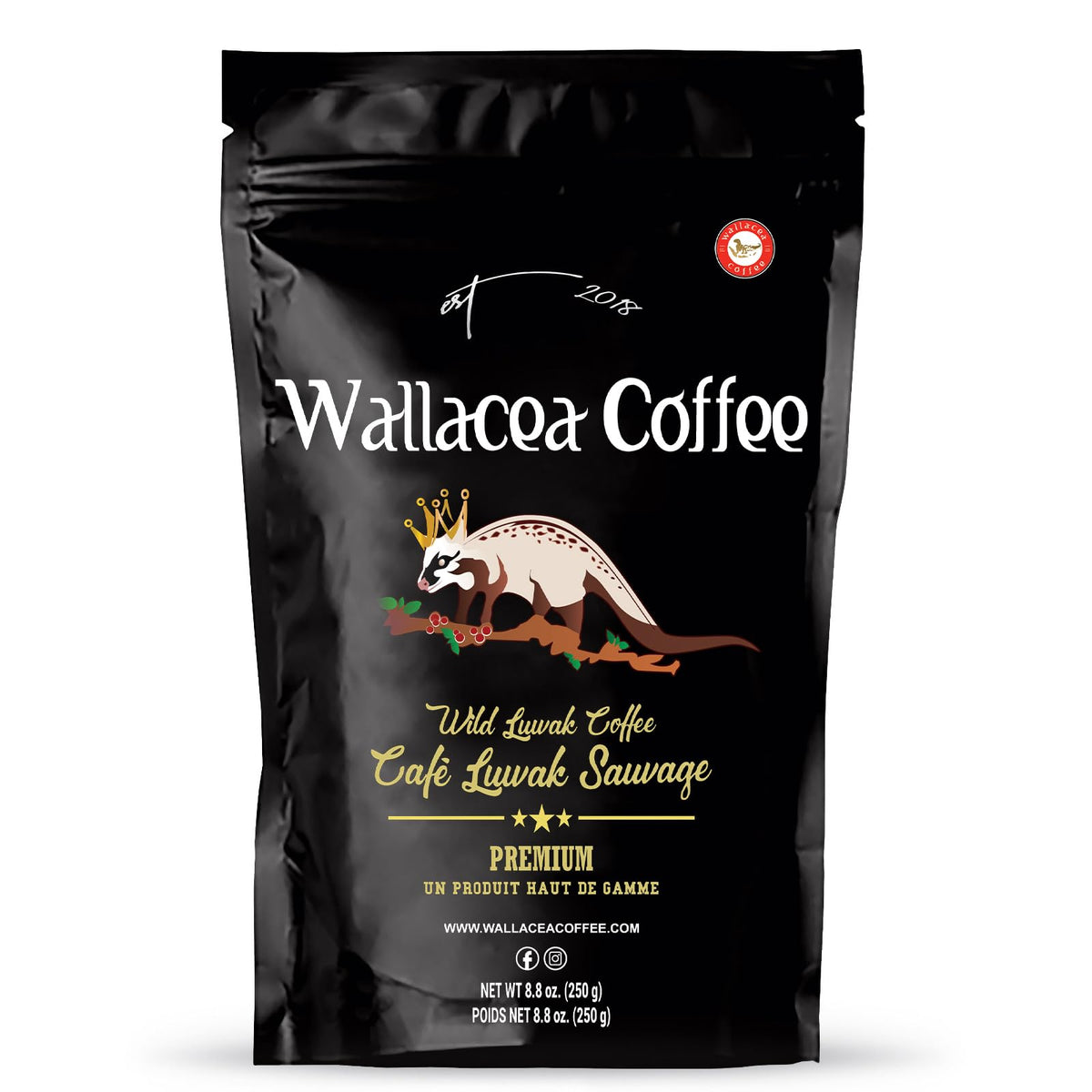 Wallacea Coffee Kopi Luwak ground bag showing premium, ethically sourced beans for a rich brew.
