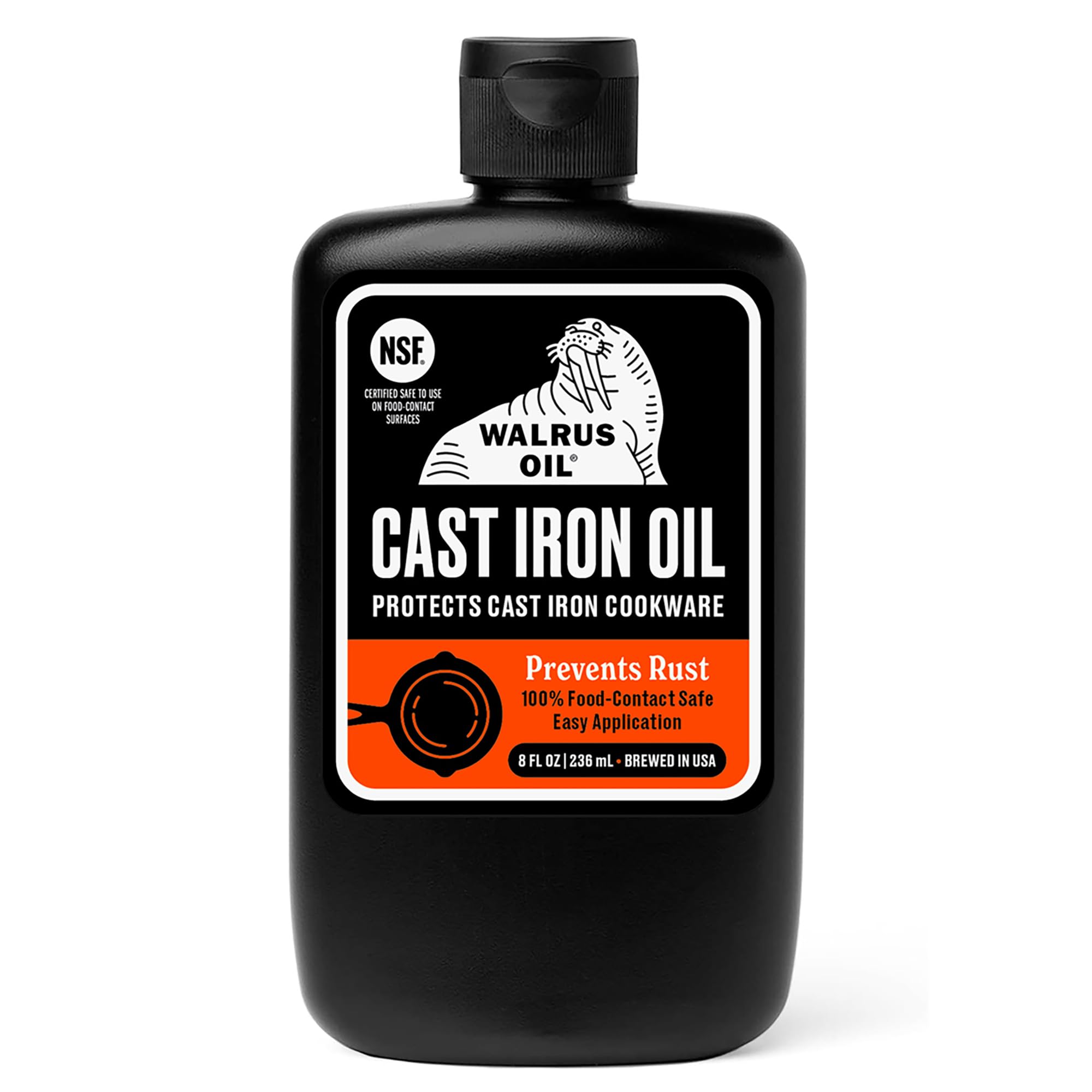 Walrus Oil bottle pour shows easy cast iron seasoning.