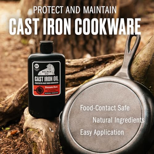 Walrus Oil cast-iron pan close-up reveals protective coating benefits.