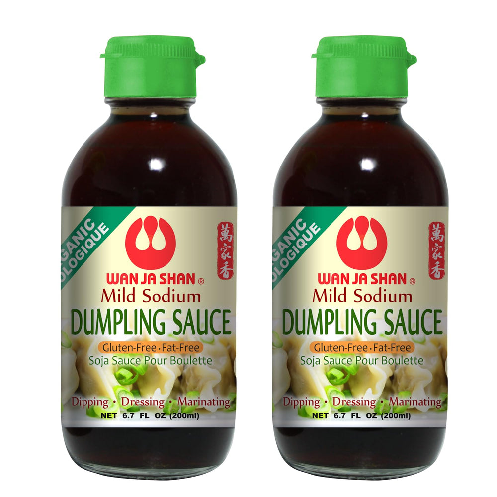 Wan Ja Shan Organic Dumpling Sauce bottle being poured, highlighting clean, gluten-free goodness.