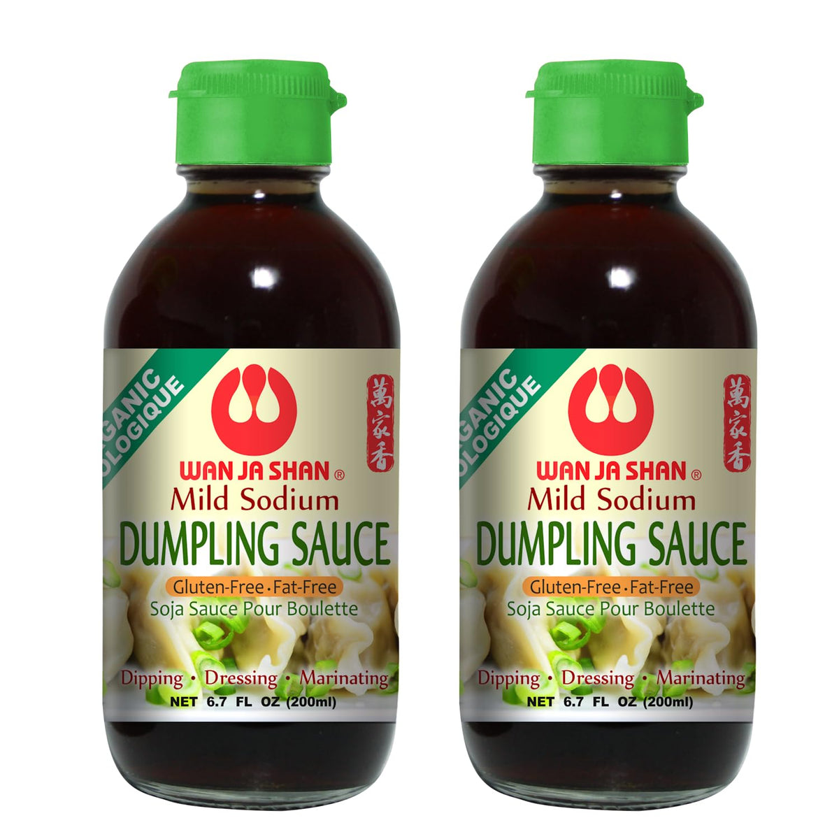Wan Ja Shan Organic Dumpling Sauce bottle being poured, highlighting clean, gluten-free goodness.