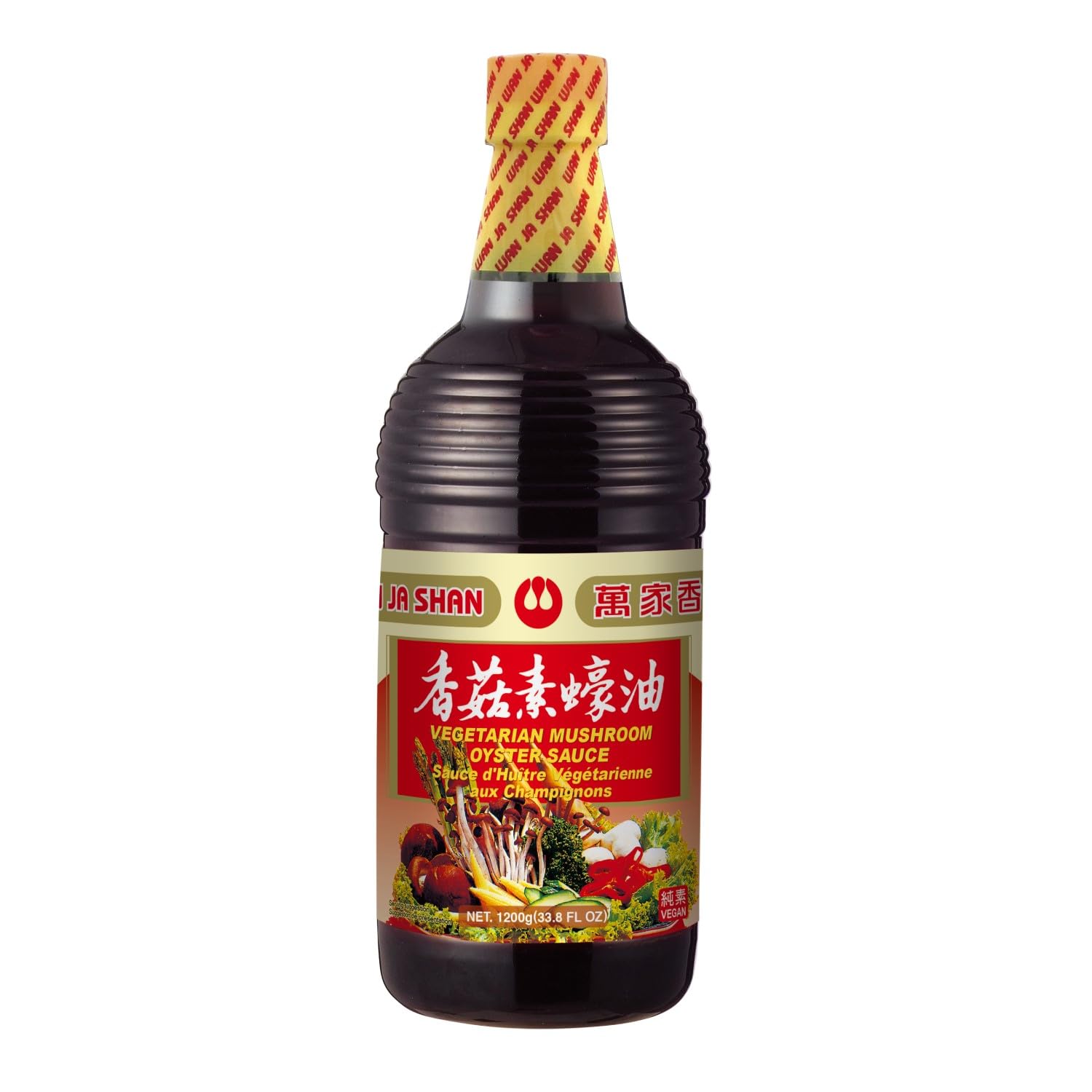 Wan Ja Shan vegetarian mushroom oyster sauce bottle on kitchen shelf for plant-based meals.