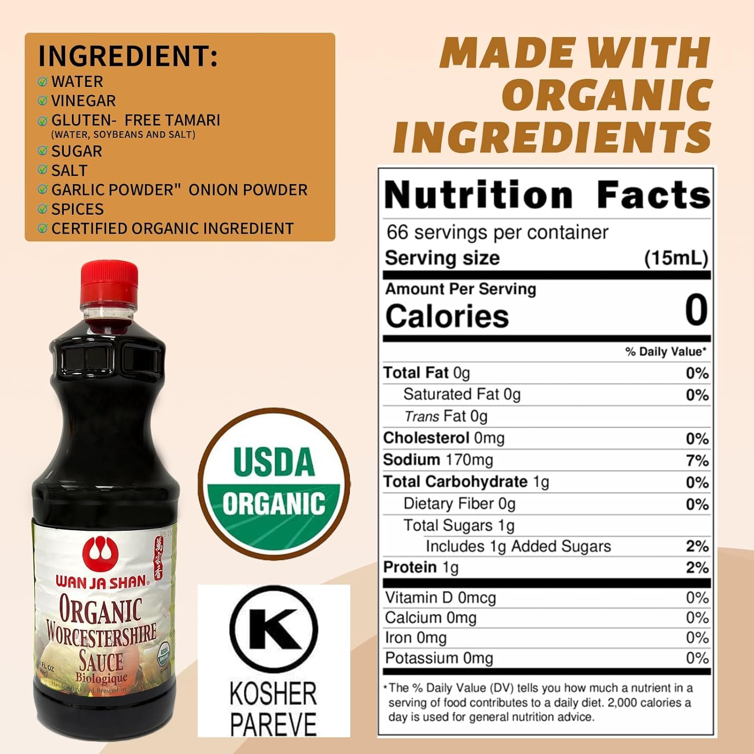 Wan Ja Shan Organic Worcestershire ingredients close-up shows organic components and rich aroma.