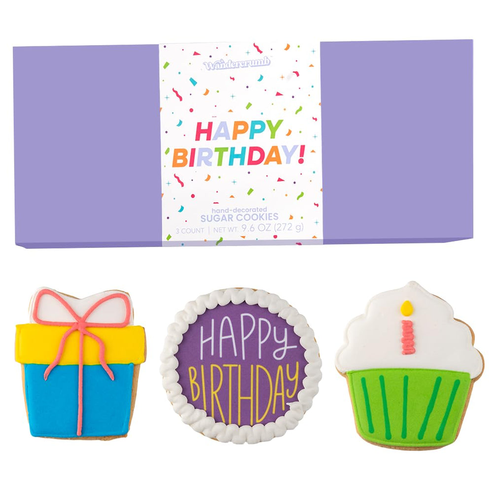 WANDERCRUMB Happy Birthday Cookies trio box presents a gift-ready celebration option.