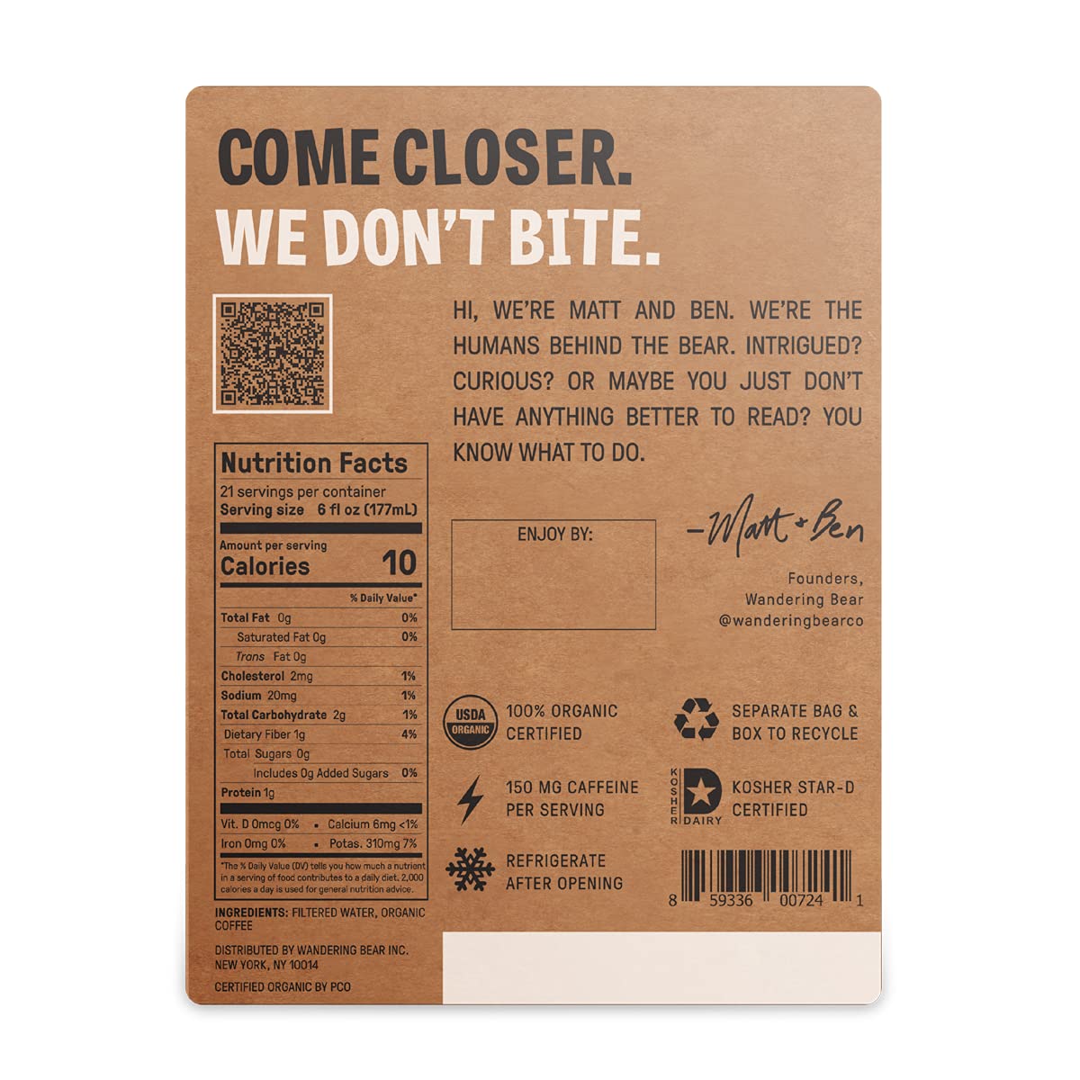 Wandering Bear 1 gallon box packaging close-up emphasizes convenient shelf-stable design