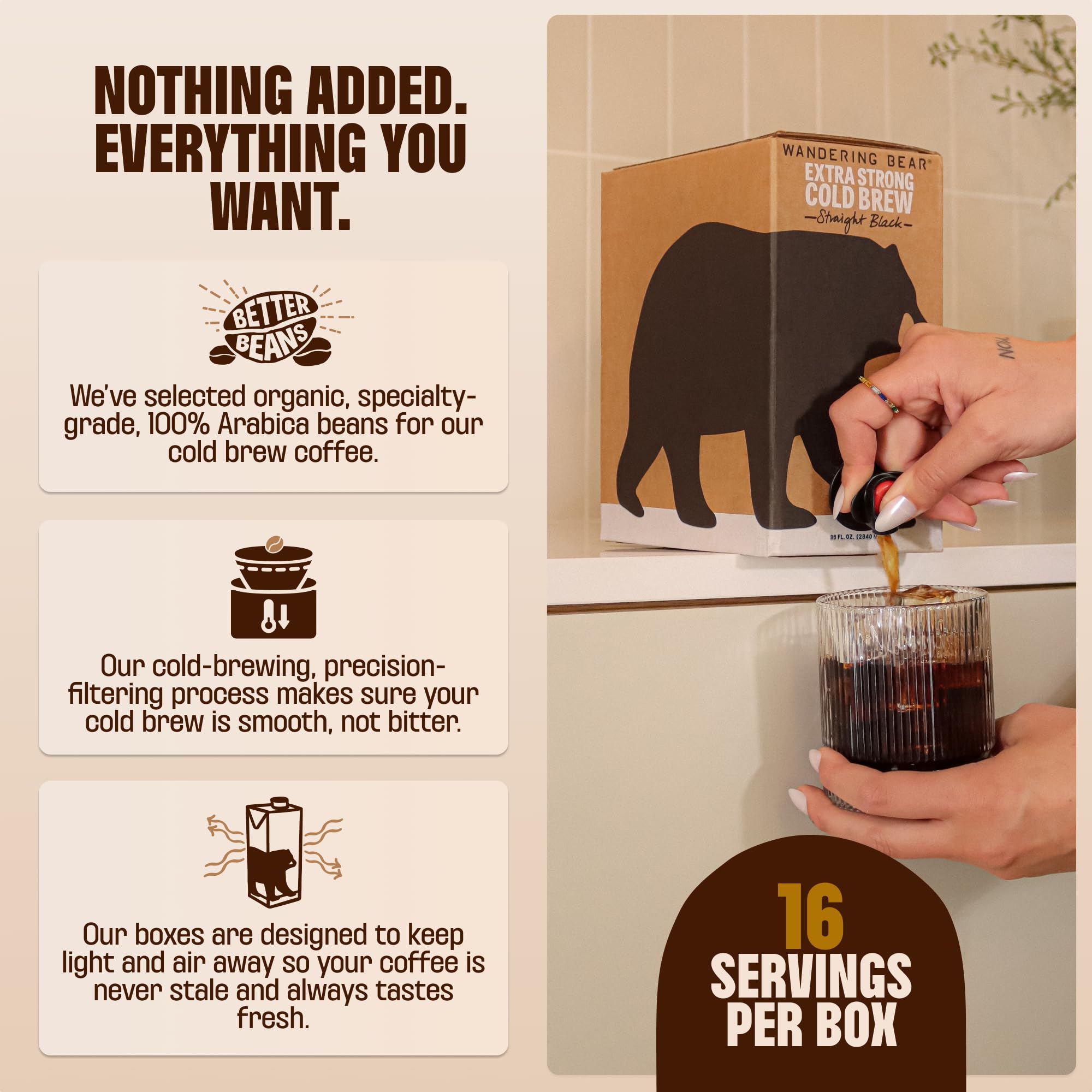 Wandering Bear 96oz box front emphasizes ready-to-serve shelf-stable packaging.