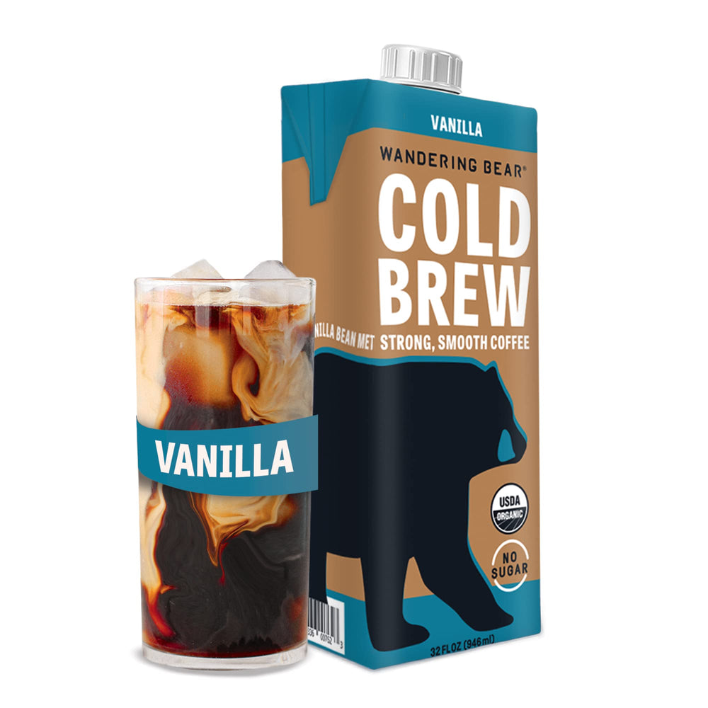 Wandering Bear vanilla cold brew carton front view highlighting organic ingredients