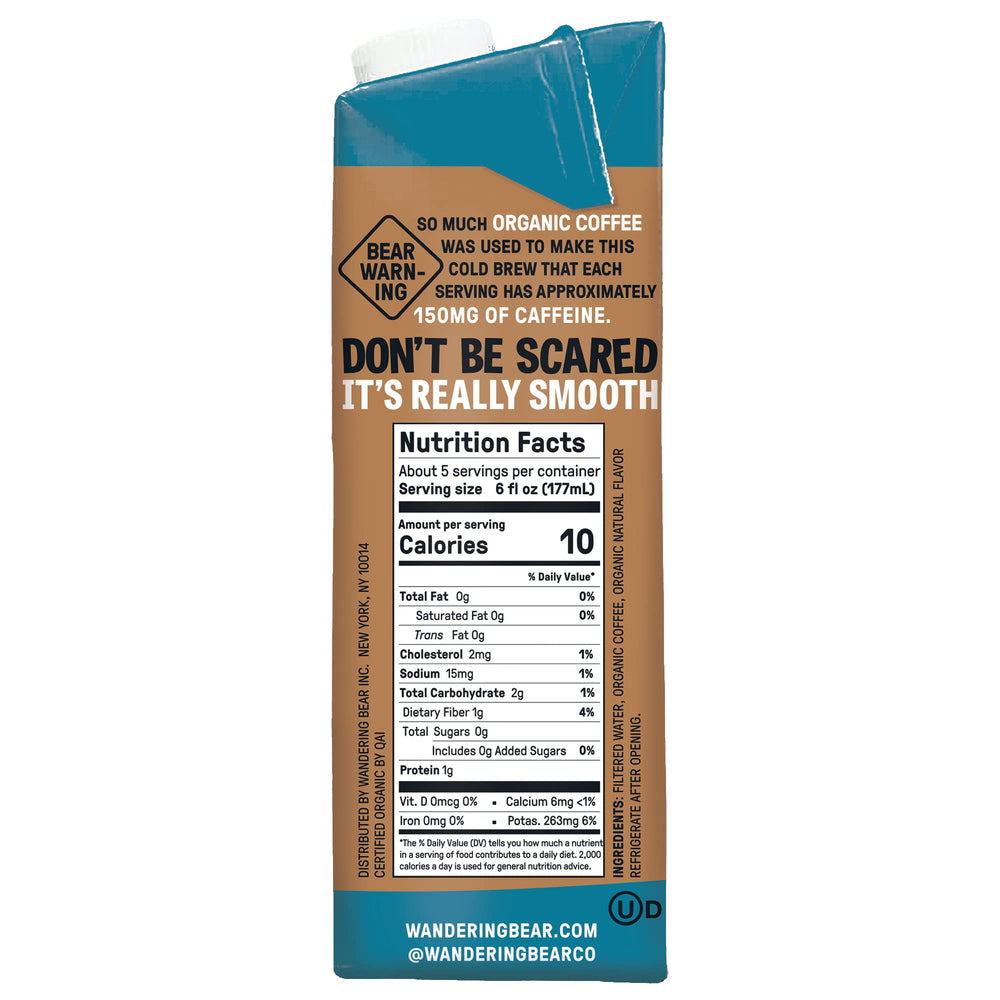 Close-up of Wandering Bear vanilla cold brew ingredients label emphasizing clean label