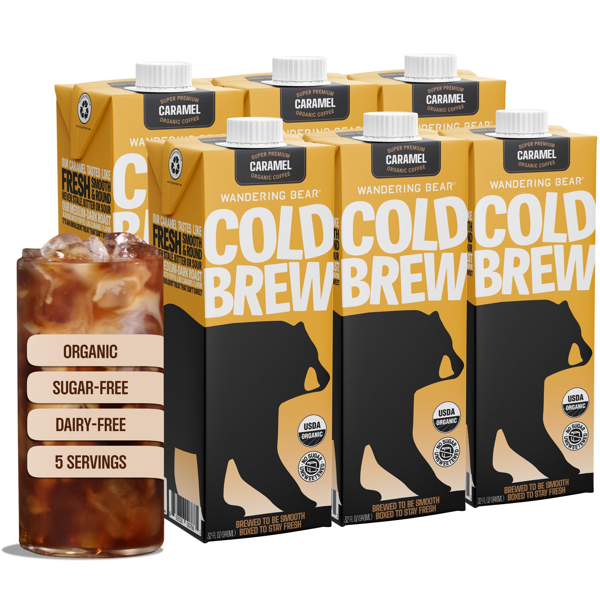 Wandering Bear Organic Caramel Cold Brew bottle showing bold flavor and convenient packaging