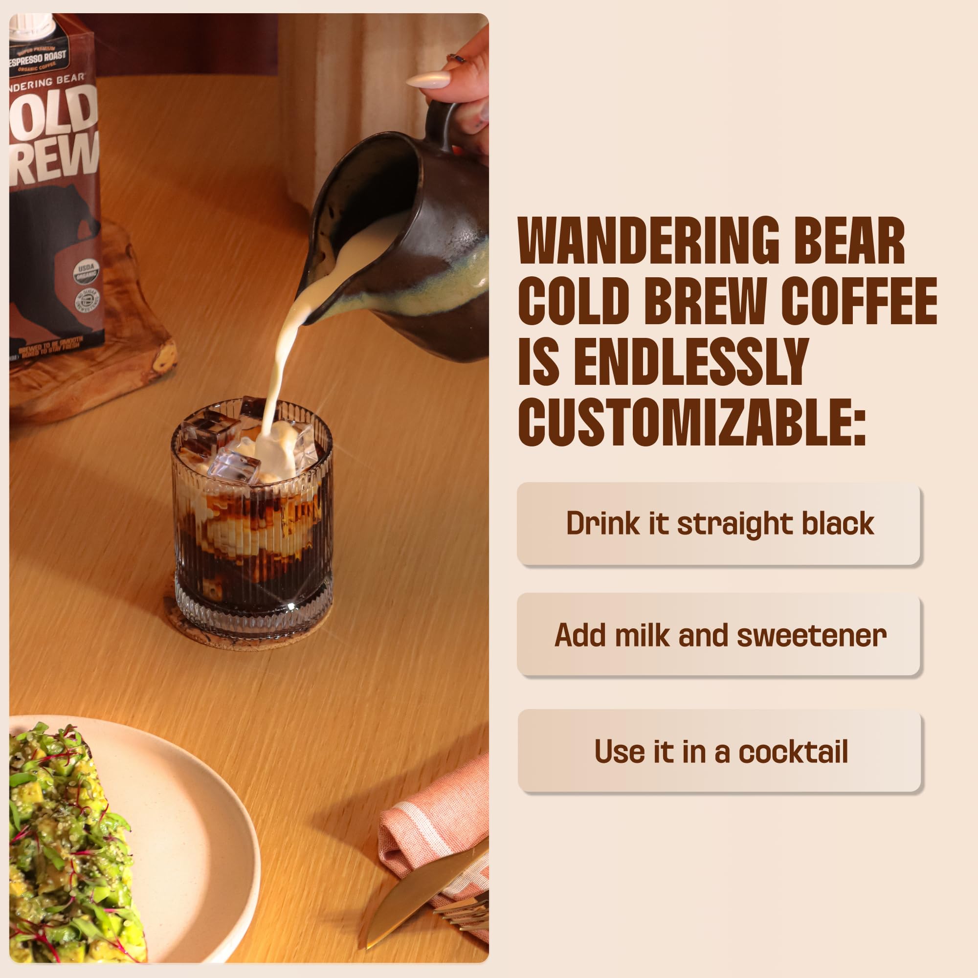 Wandering Bear Organic Caramel Cold Brew label emphasizes organic ingredients