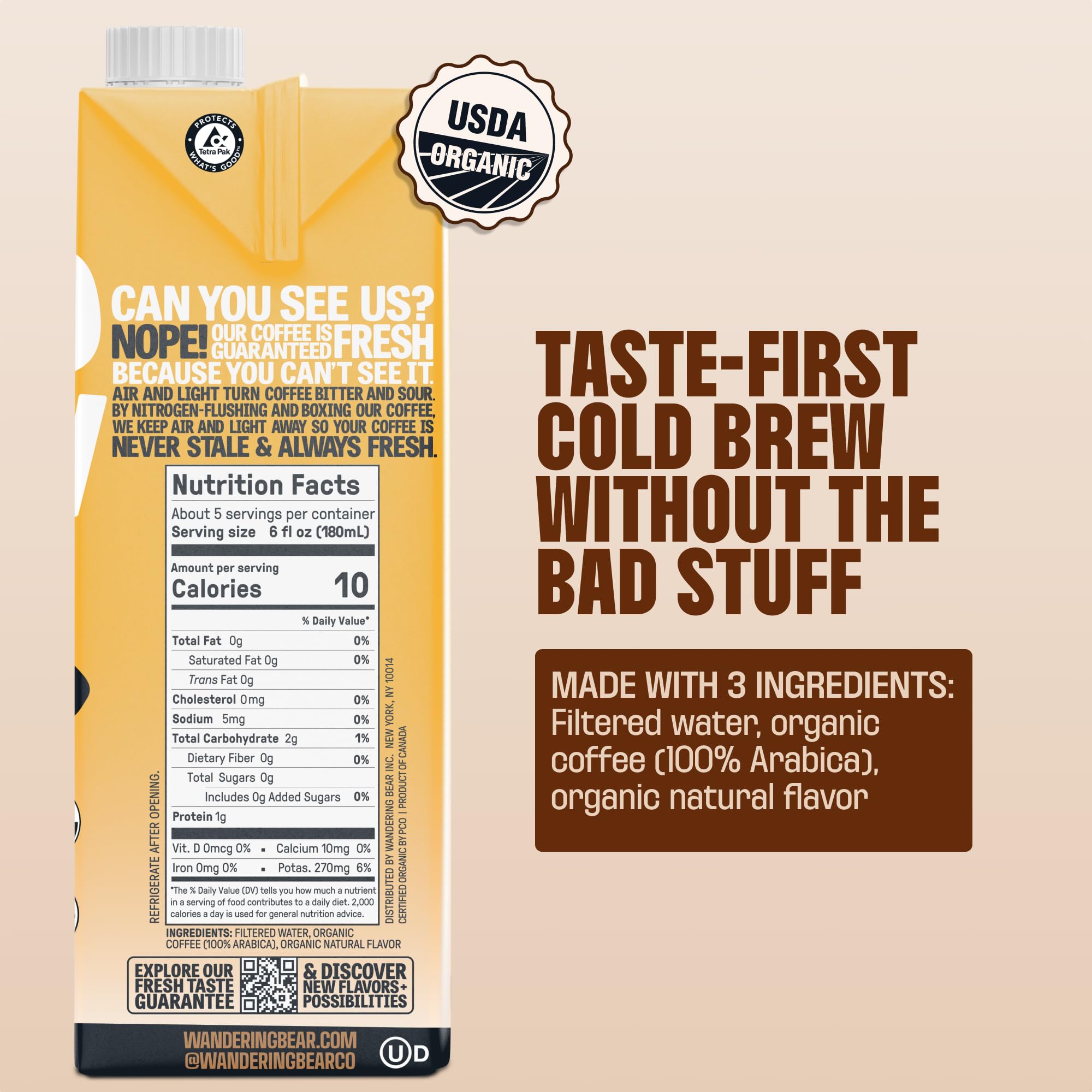 Wandering Bear Organic Caramel Cold Brew pour reveals silky caramel notes and strong caffeine