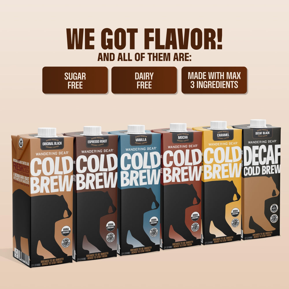 Wandering Bear Organic Caramel Cold Brew ready to pour over ice