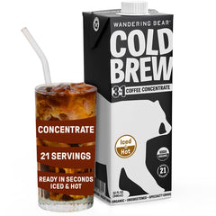 Wandering Bear organic coffee concentrate box on a kitchen counter, ready for easy iced coffee