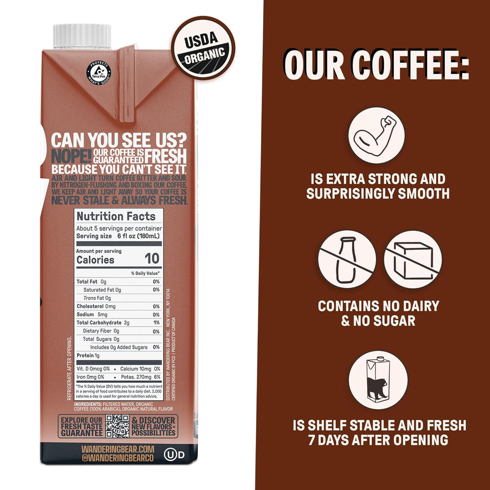 Wandering Bear Organic ingredients label closeup, highlighting organic Arabica beans.