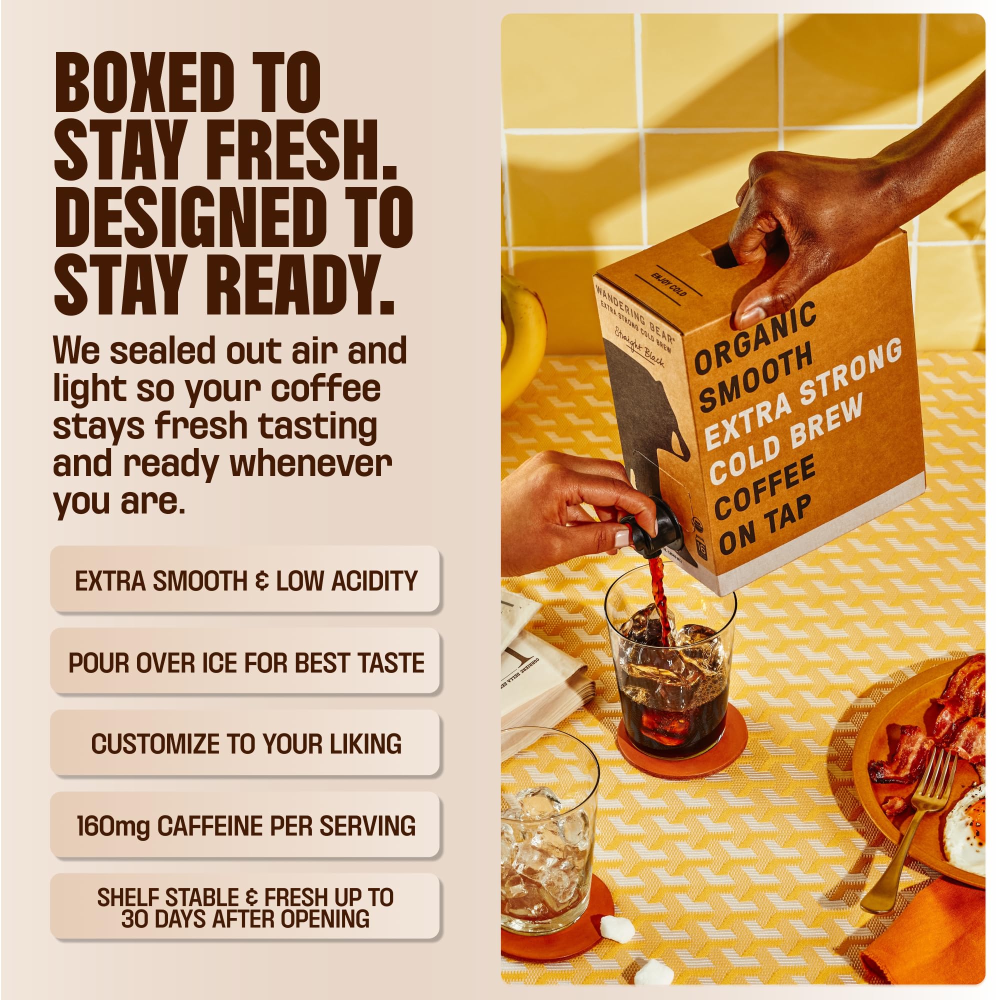 Wandering Bear shelf-stable packaging for fridge-free convenience at home or work.