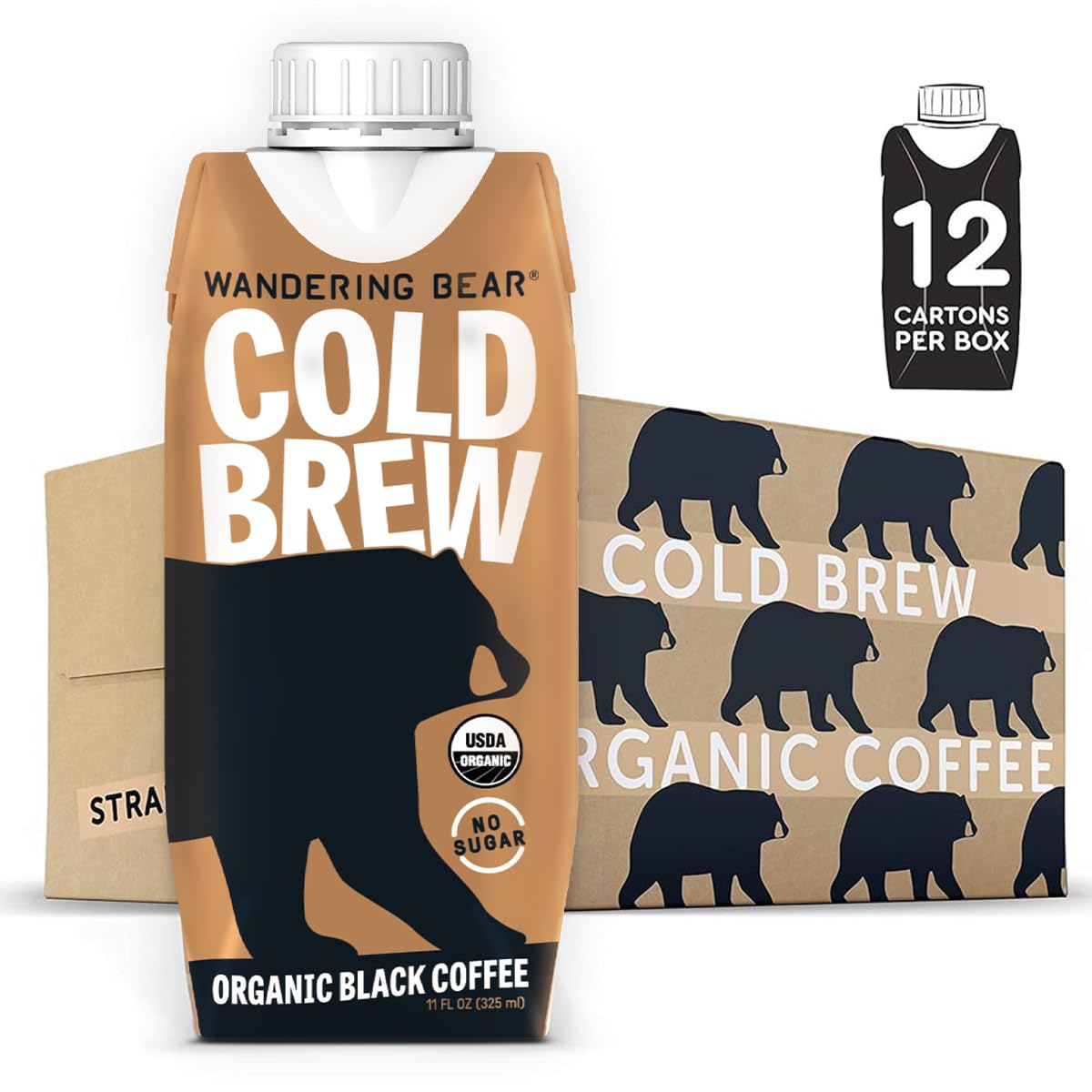 Wandering Bear Straight Black Cold Brew bottle pour highlights bold, smooth flavor for on-the-go enjoyment.