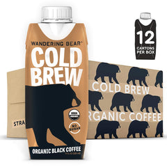 Wandering Bear Straight Black Cold Brew bottle pour highlights bold, smooth flavor for on-the-go enjoyment.