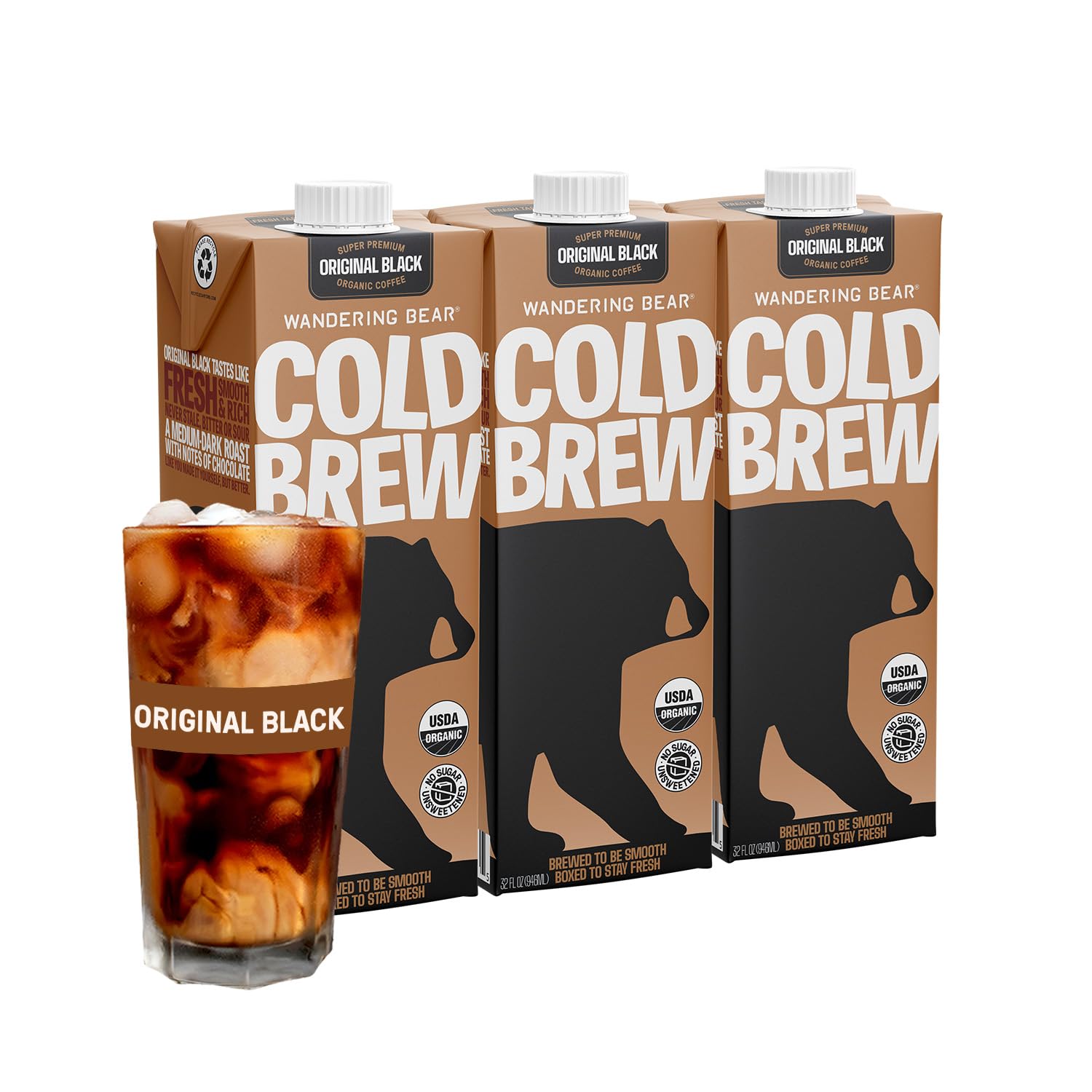 Wandering Bear Straight Black cold brew carton front view highlights organic, ready-to-drink convenience