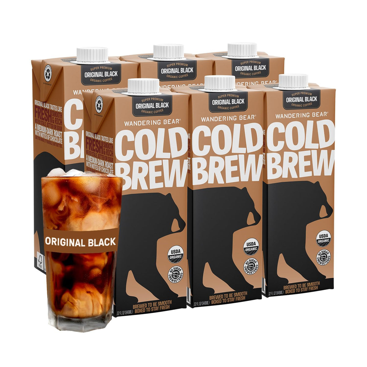 Wandering Bear bottle pour shows bold, smooth straight black cold brew.