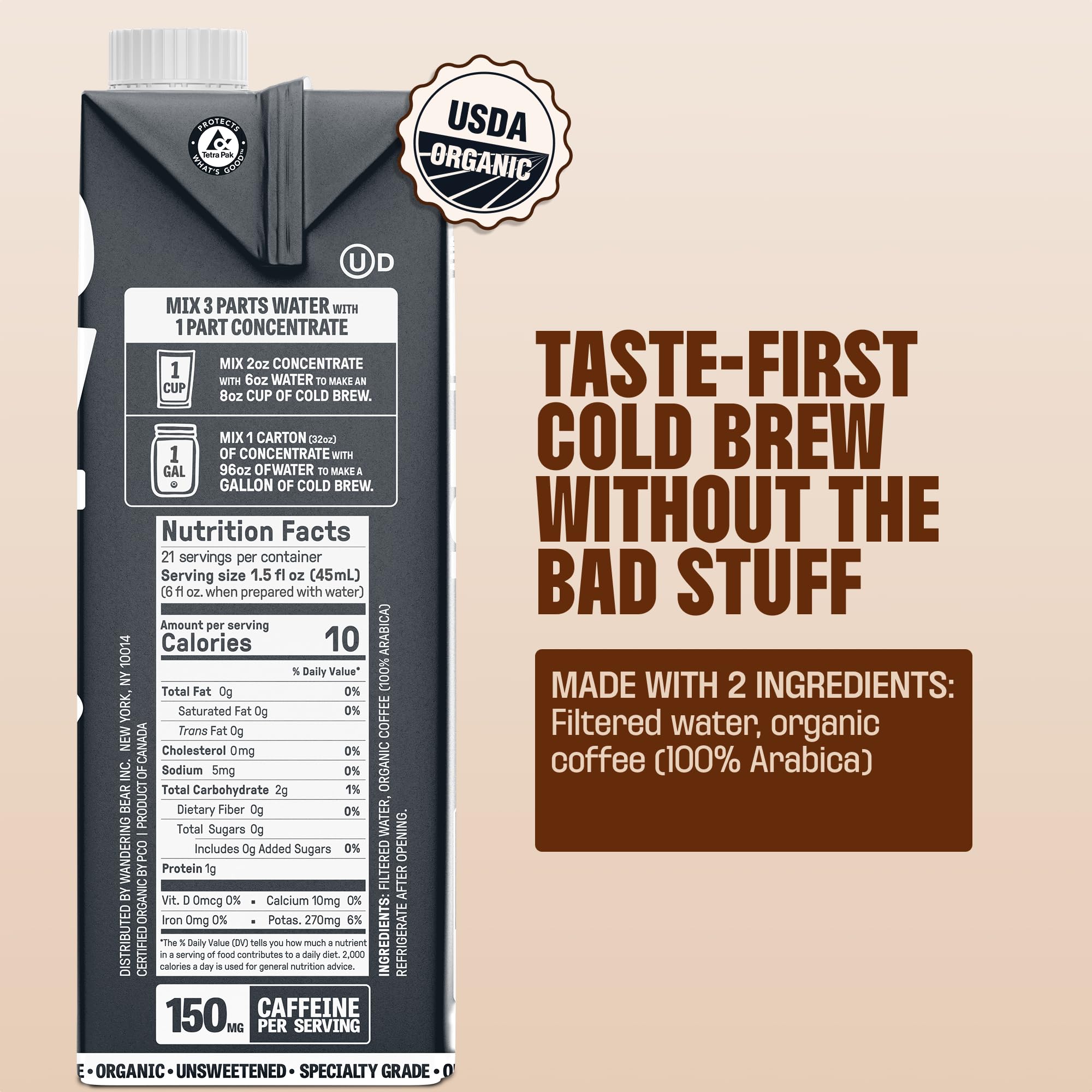 Wandering Bear unsweetened cold brew bottle in fridge for sugar-free energy